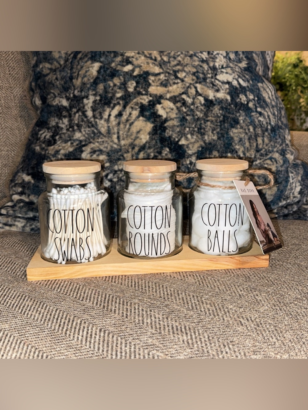 Rae Dunn Bathroom Set Cotton Swabs/Rounds/Balls Glass Jars/Wood Tray